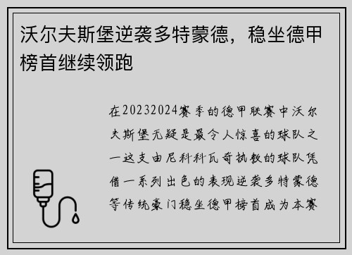 沃尔夫斯堡逆袭多特蒙德，稳坐德甲榜首继续领跑